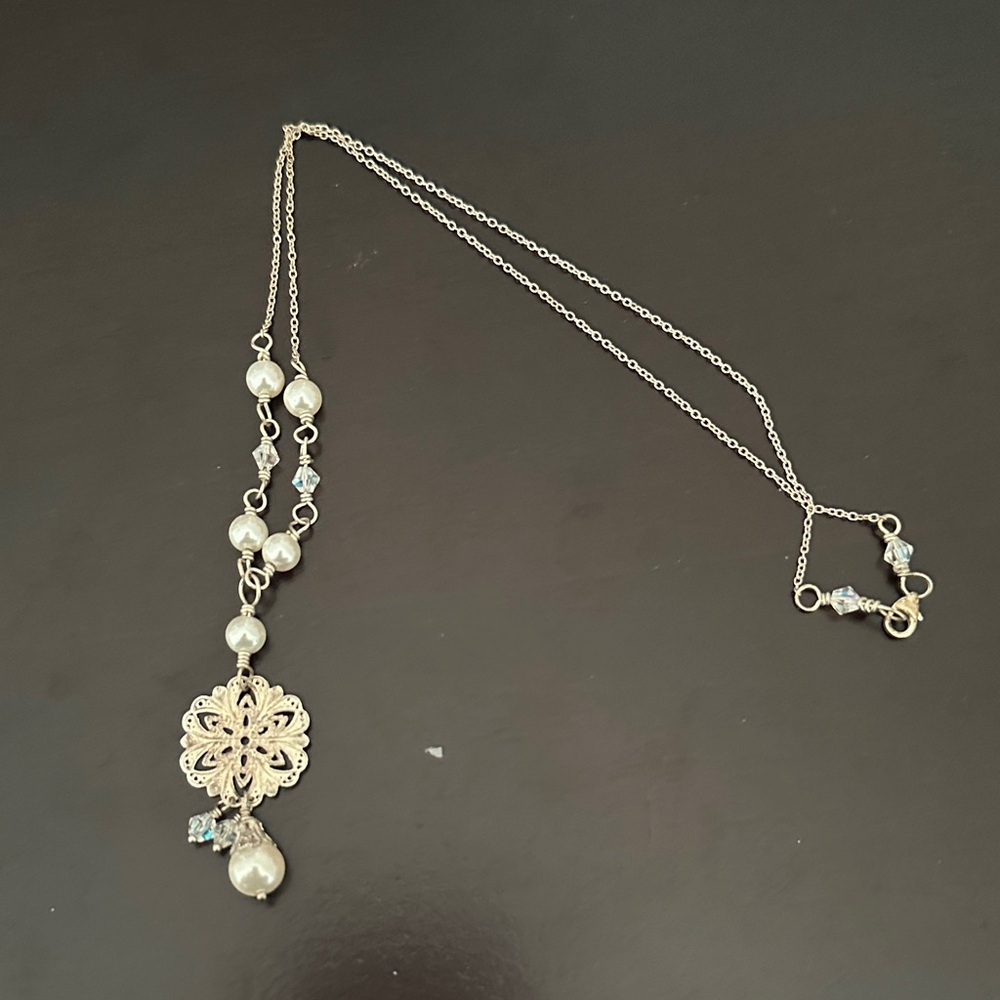 Silver-Tone Filigree Pendant Necklace with Pearls